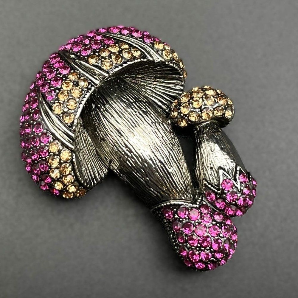 Silver with Fuchsia and Champagne Topaz Crystal Double Mushroom Pin Back Brooch